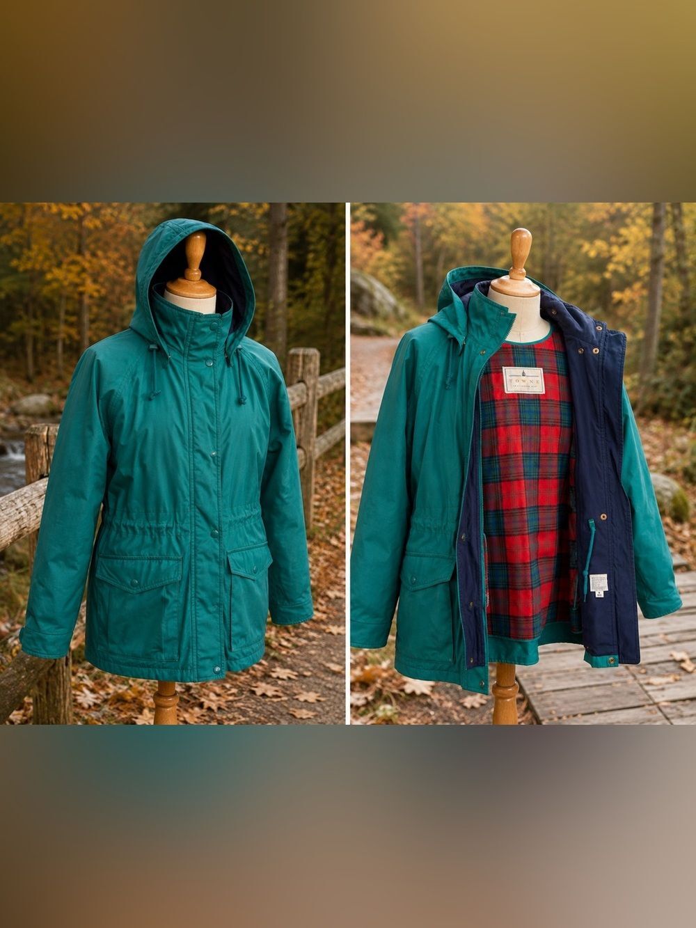 Vintage Towne by London Fog Teal Parka Jacket Removable Plaid Lining Hood Medium